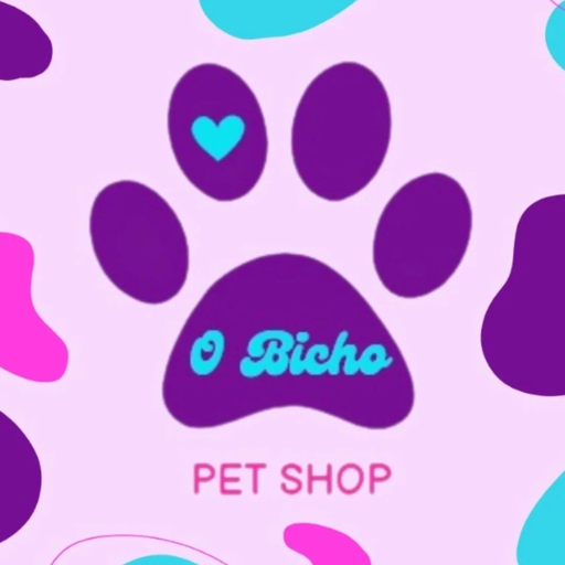 Logo do O Bicho Pet Shop: uma pata roxa com o nome no meio